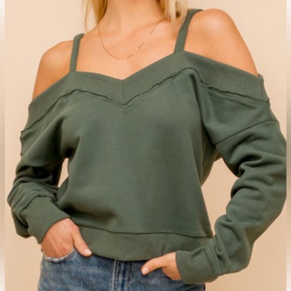 Hem & Thread Olive Green Cold-Shoulder Sweatshirt